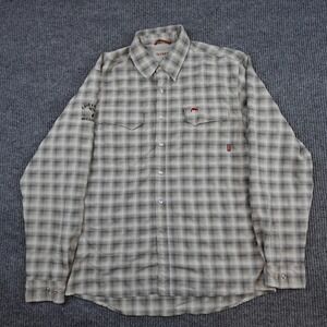 Simms Cor3 Shirt Mens Medium Beige Plaid Long Sleeve Snap Button Fishing Outdoor